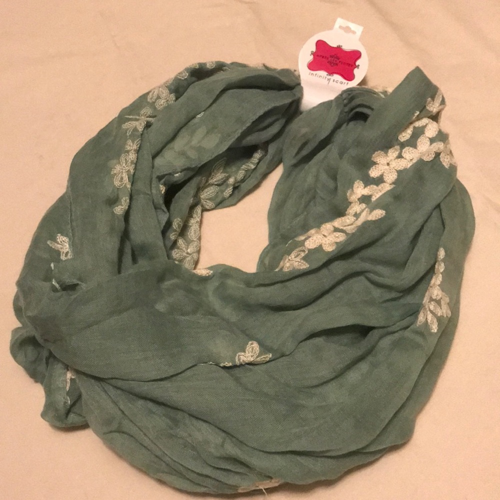 NWT sage green w/embroidery infinity scarf